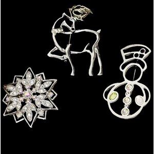 Premier‎ Designs Christmas Brooch Set 3PC Silvertone Snowgflake Reindeer Snowman